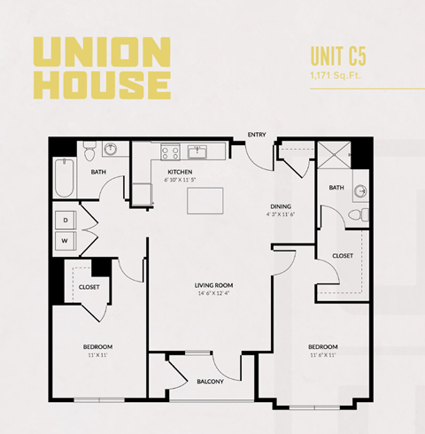 Floor plan for 2 beds, 2 baths, 1152 sqft